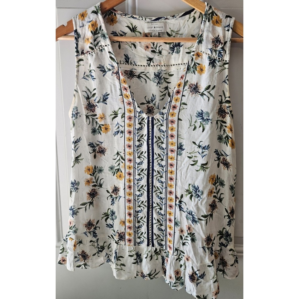 Lucky Brand Floral Sleeveless Peplum Tank Top Women's Small‎ Boho V-Neck